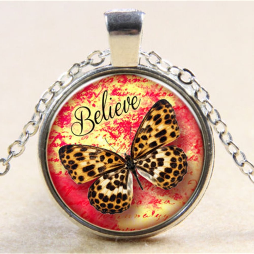 Silver Butterfly Believe Cabochon Pendant Necklace